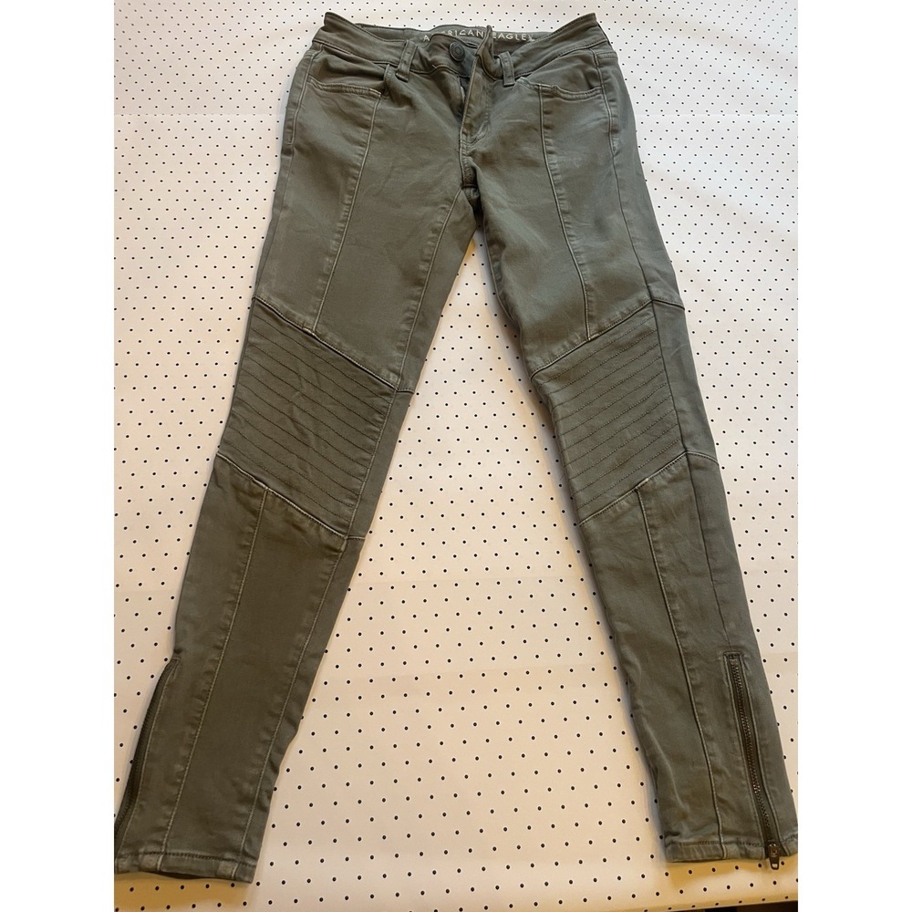 American Eagle Olive Moto Jeggings Zip Ankle Super Stretch Pants Size 0